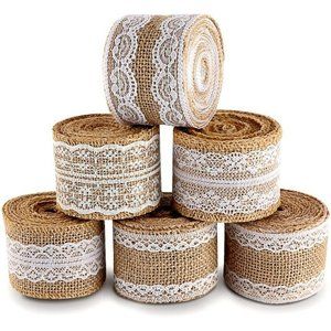 6 Rolls Natural Jute Burlap Ribbon Roll with White Lace for Decorations 20 Yards